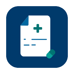 Icon featuring a notepad with a medical cross and blue lines, alongside a capsule.