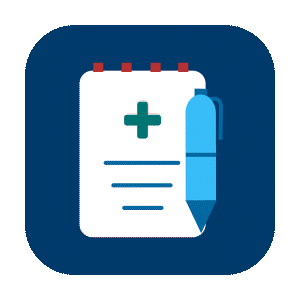 Icon featuring a notepad with a medical cross and blue lines, alongside a blue pen.
