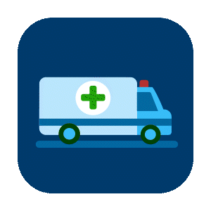 A blue ambulance featuring a green cross symbol on its side, indicating emergency medical services.
