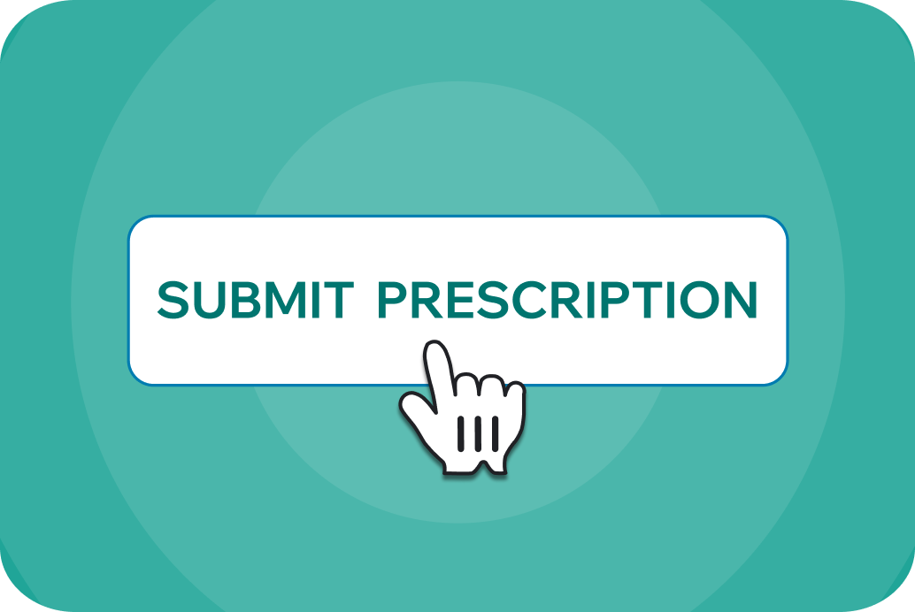 Mouse hand cursor pointing to a "Submit Prescription" button on a teal background.