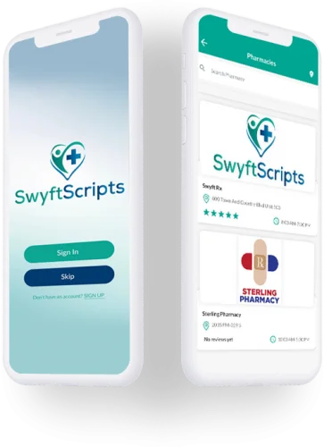 Two smartphones display the SwyftScripts app interface. One screen shows login options; the other lists pharmacies with a focus on Sterling Pharmacy.