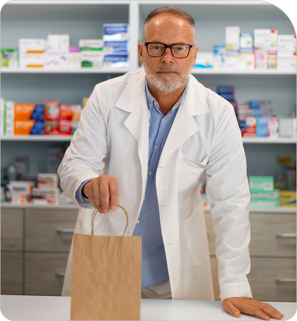 Pharmacist in a white coat with glasses stands behind a counter, holding a brown paper bag.
