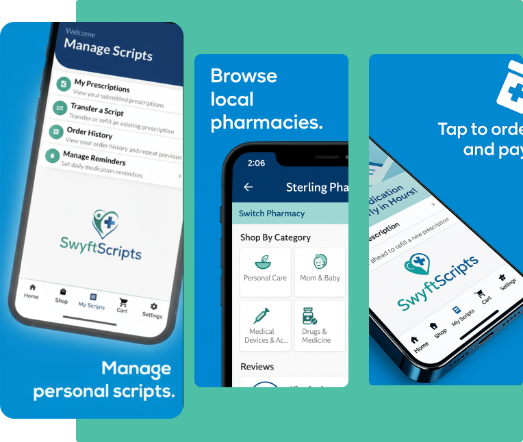 A collage of three smartphone screens showcasing the SwyftScripts app interface.
