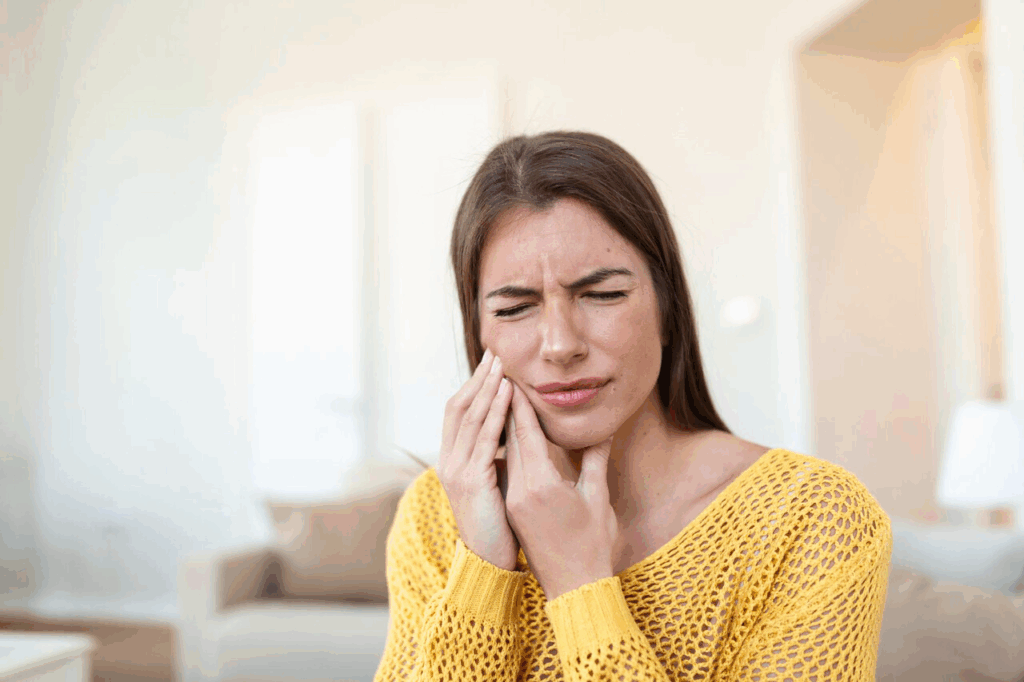 A woman grimaces, holding her jaw, indicating she is experiencing a painful toothache.
