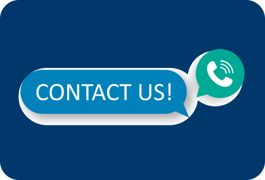 Blue background with a speech bubble reading "Contact Us!" in white text. A smaller bubble shows a white phone icon.
