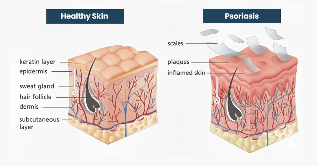 Comparison of healthy skin and psoriasis showing inflamed plaques and scales