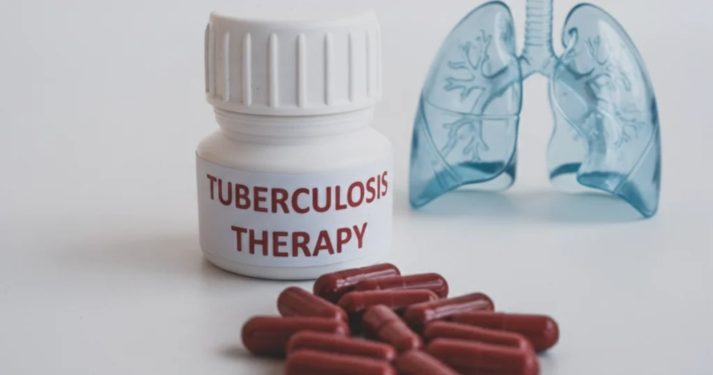 Tuberculosis therapy bottle with capsules and lung model.