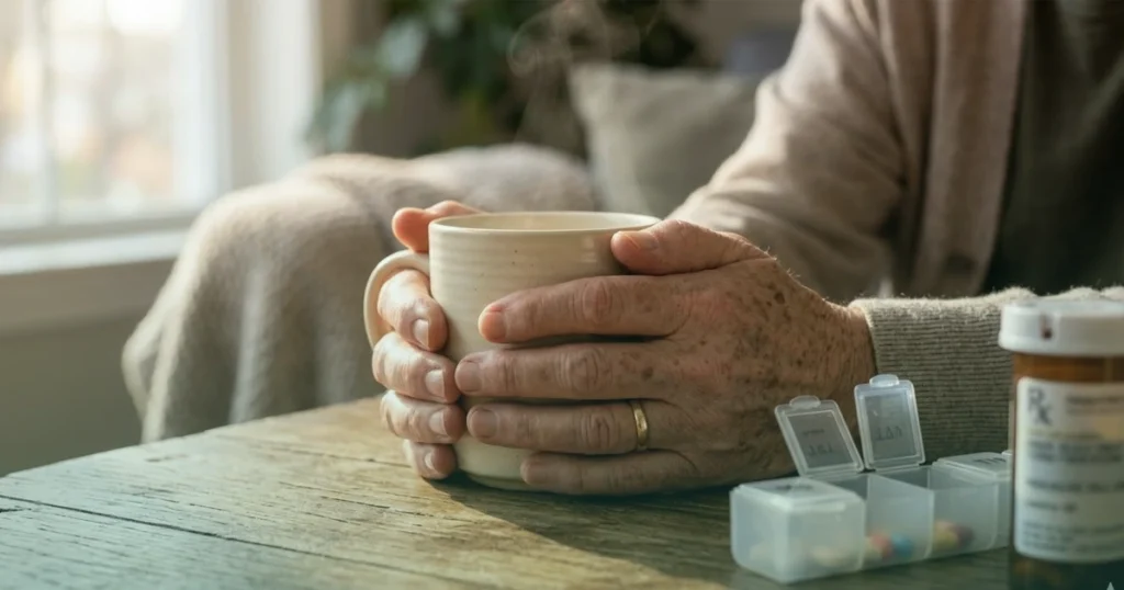 A pair of hands comfortably holding a warm cup of tea next to a modern pill organizer on a wooden table, symbolizing relief and daily management.