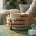 A pair of hands comfortably holding a warm cup of tea next to a modern pill organizer on a wooden table, symbolizing relief and daily management.