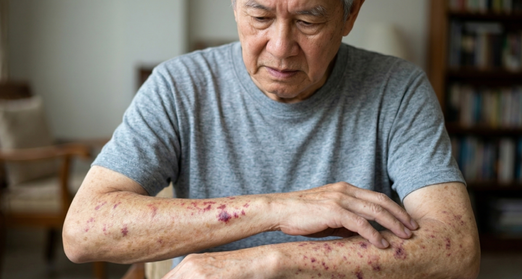 A candid photograph of an older East Asian man with graying hair wearing a grey t-shirt and with dark reddish-purple and brown skin rashes and spots across his forearm, scratching his arm while sitting in an armchair with bookshelves in the background.