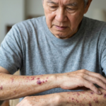 A candid photograph of an older East Asian man with graying hair wearing a grey t-shirt and with dark reddish-purple and brown skin rashes and spots across his forearm, scratching his arm while sitting in an armchair with bookshelves in the background.