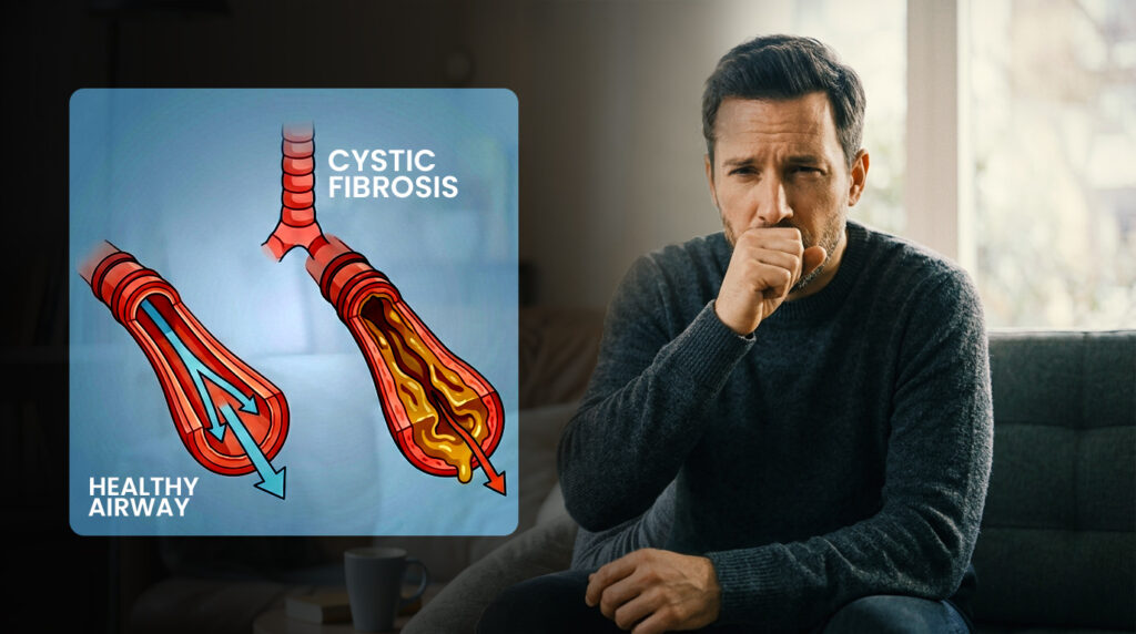 Man coughing beside diagram of Cystic Fibrosis showing healthy airway vs mucus-clogged airway