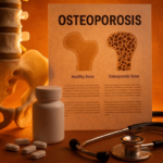 A medical display featuring a lower spine and pelvis model, an informational chart comparing healthy and osteoporotic bone, a pill bottle with scattered pills, and a stethoscope.