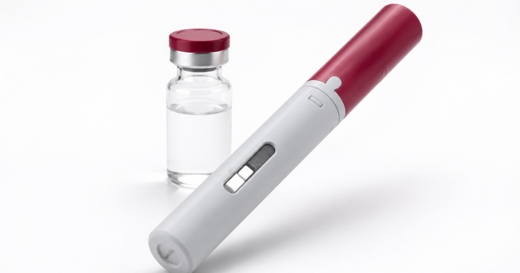 Injection pen with medicine vial on a white background.