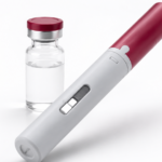 Injection pen with medicine vial on a white background.