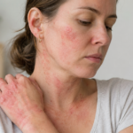 Woman with atopic dermatitis rash on her face, neck, and hand.