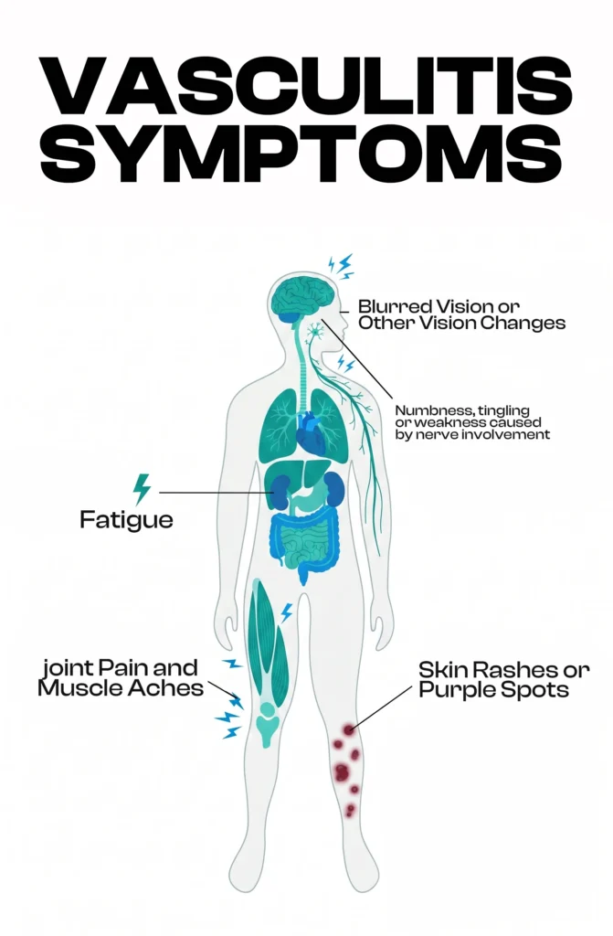 Medical infographic illustrating key symptoms of vasculitis across the body.