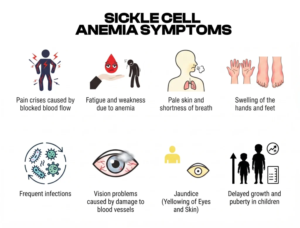 Infographic illustrating eight key symptoms of sickle cell anemia.