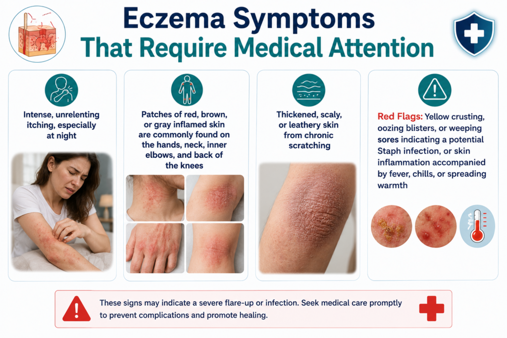 An infographic titled "Eczema Symptoms That Require Medical Attention" featuring four symptoms with illustrations.