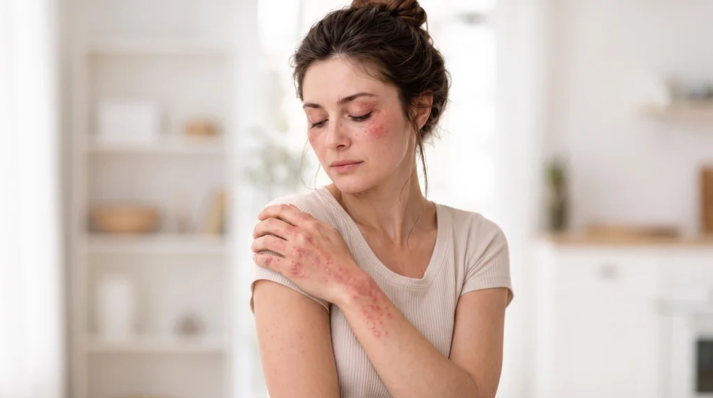Woman looking down while holding her arm, showing red skin rash lesions on her arm and face.