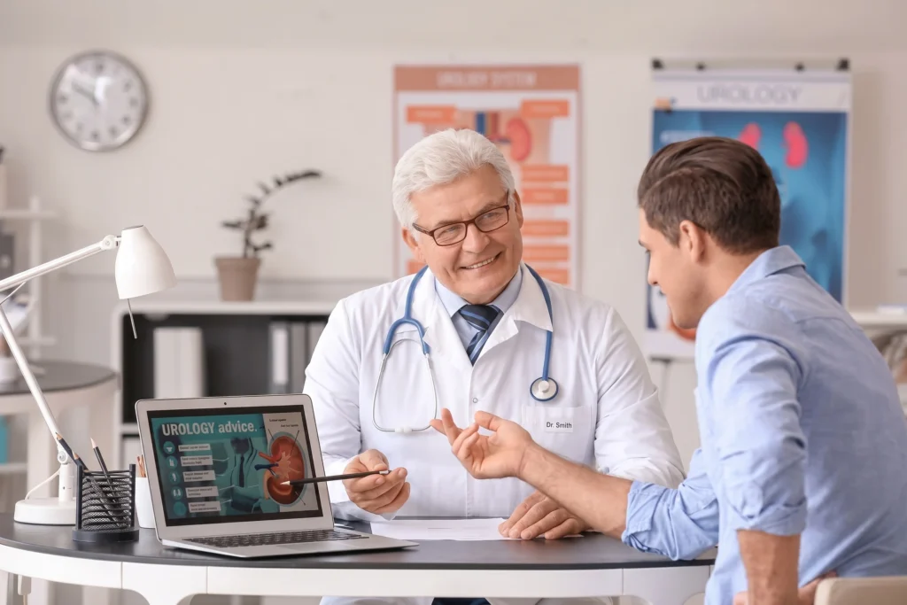 Male doctor pointing at a urology presentation on a laptop during a patient consultation.