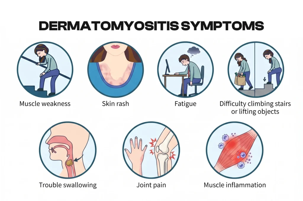Infographic illustrating seven main symptoms of dermatomyositis.