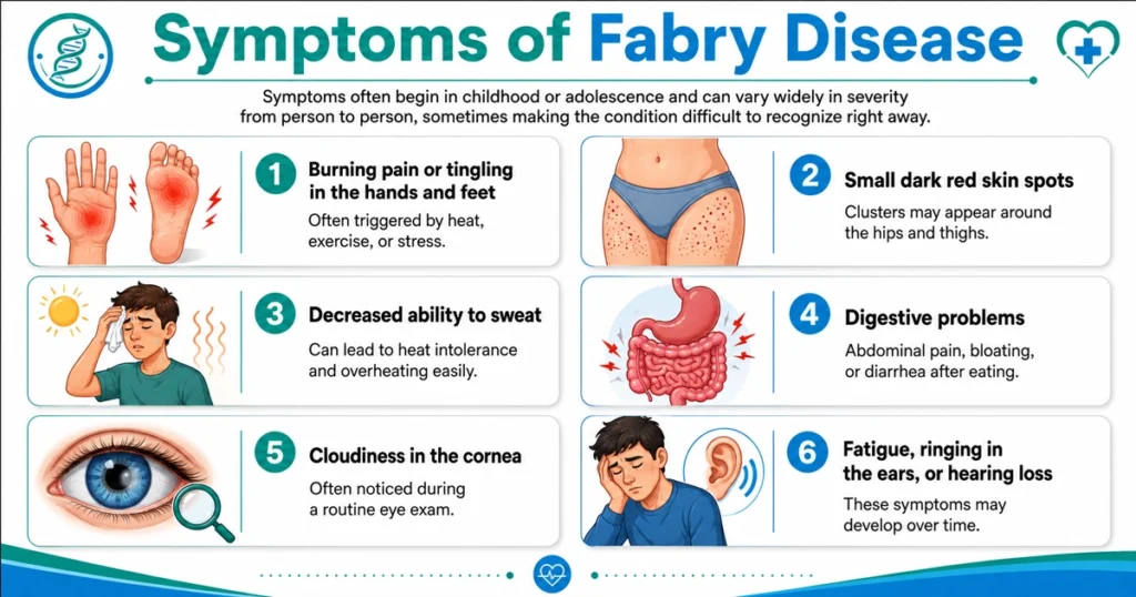 Infographic illustrating six common symptoms of Fabry disease.