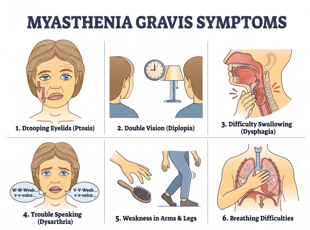 Infographic illustrating six main symptoms of Myasthenia Gravis.