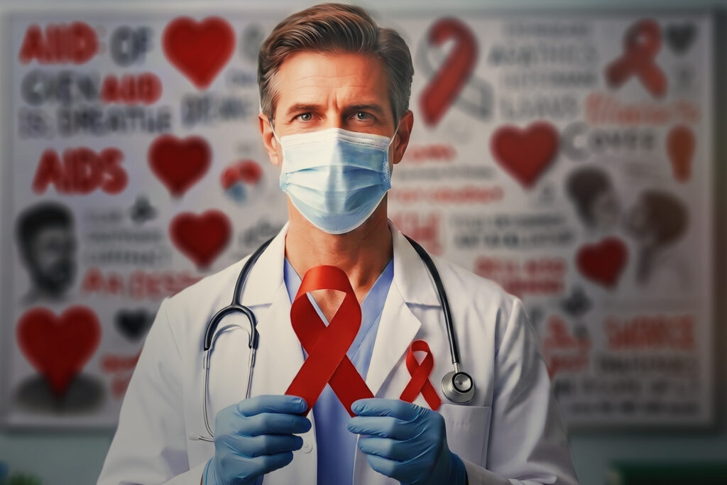 A doctor wearing a mask and gloves holds a red awareness ribbon