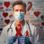 A doctor wearing a mask and gloves holds a red awareness ribbon