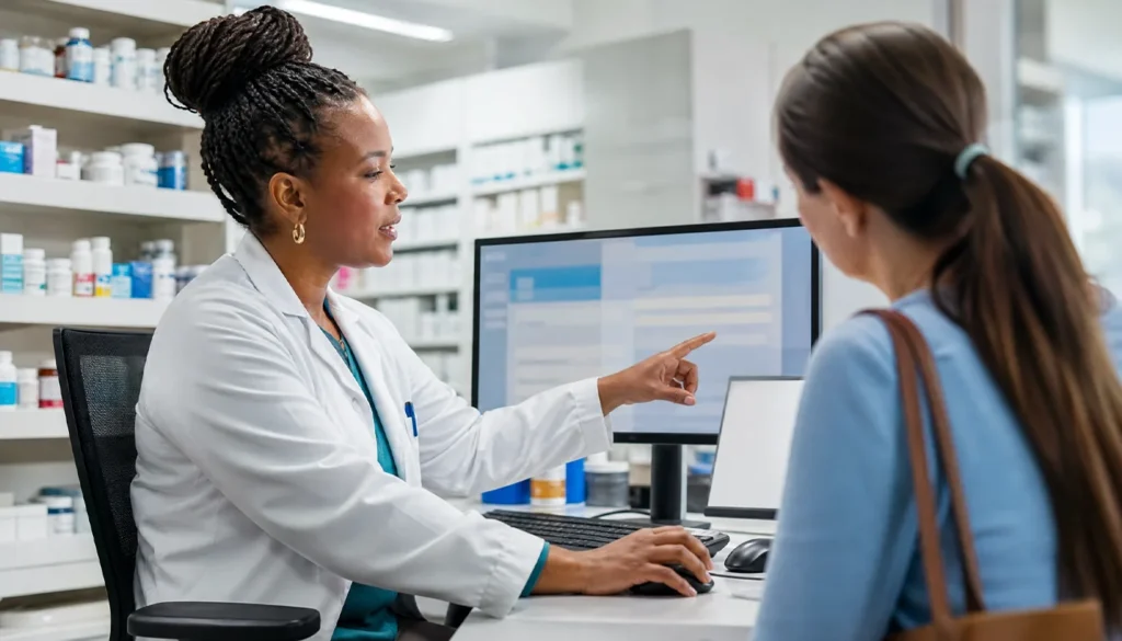 female pharmacist points at computer monitor talking to customer.