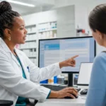 female pharmacist points at computer monitor talking to customer.