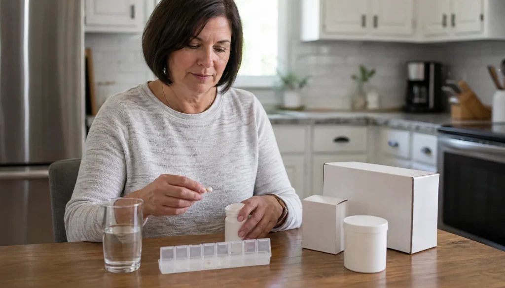 Senior woman organizes daily medication pills at home kitchen table.