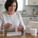 Senior woman organizes daily medication pills at home kitchen table.