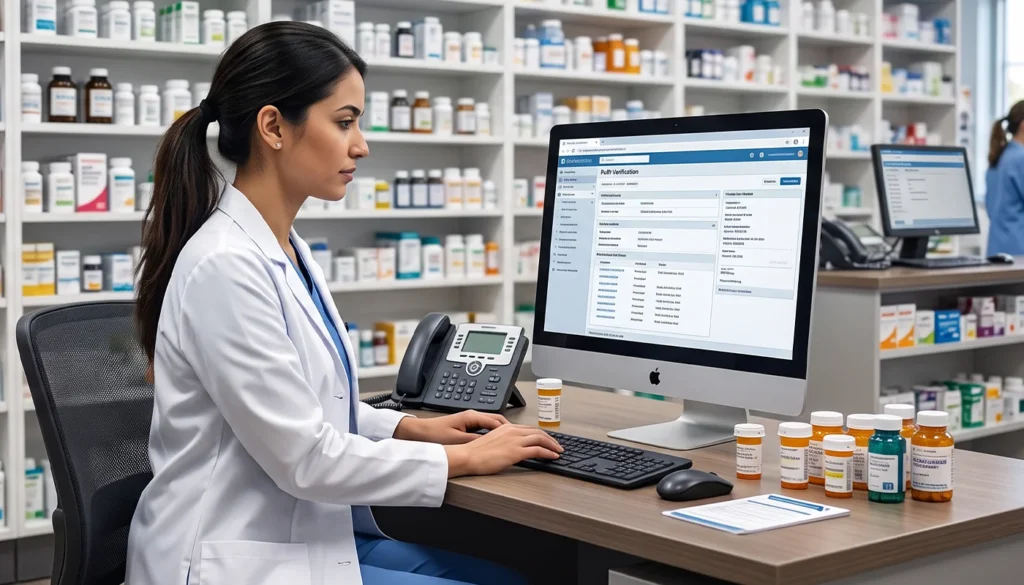 Female pharmacist works on computer surrounded by pill bottles at pharmacy.