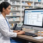 Female pharmacist works on computer surrounded by pill bottles at pharmacy.