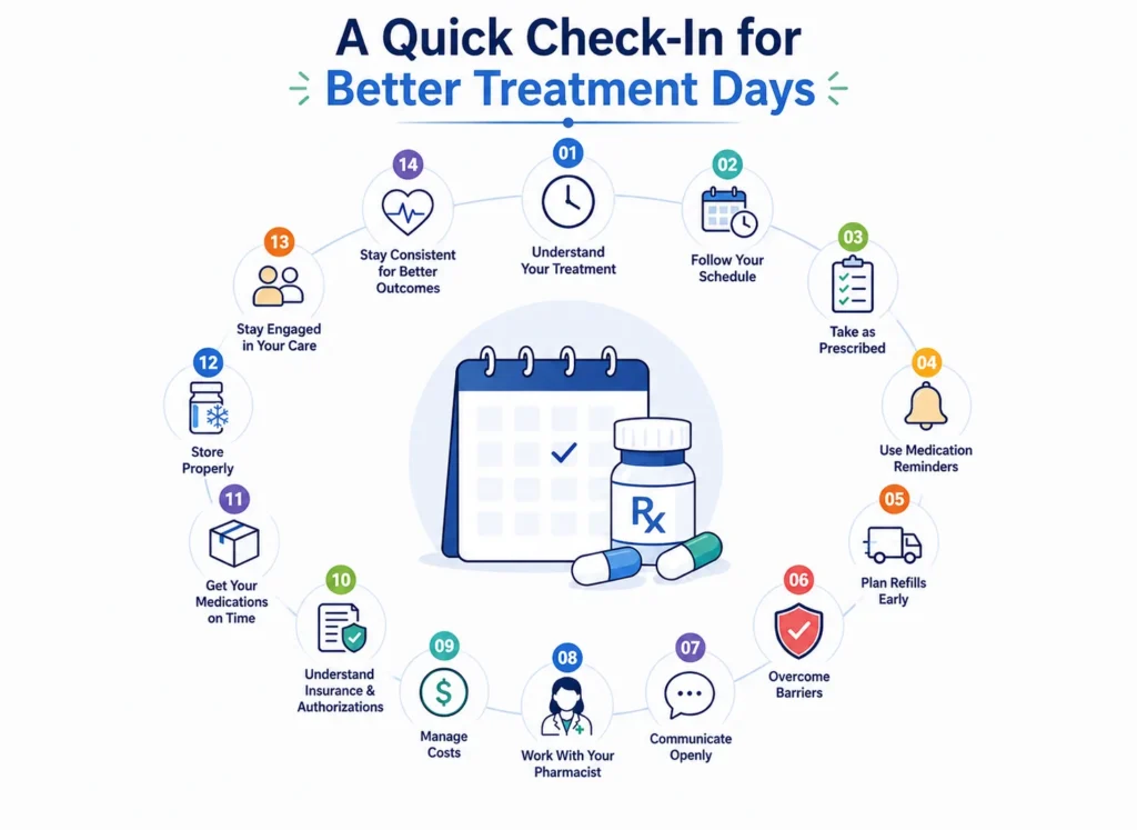 Infographic showing a 14-step circular process for managing medication adherence.