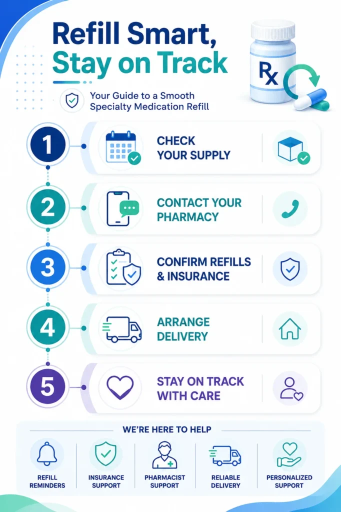Infographic outlining a 5-step process for managing prescription refills.