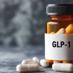 GLP-1 medication bottle with white pills